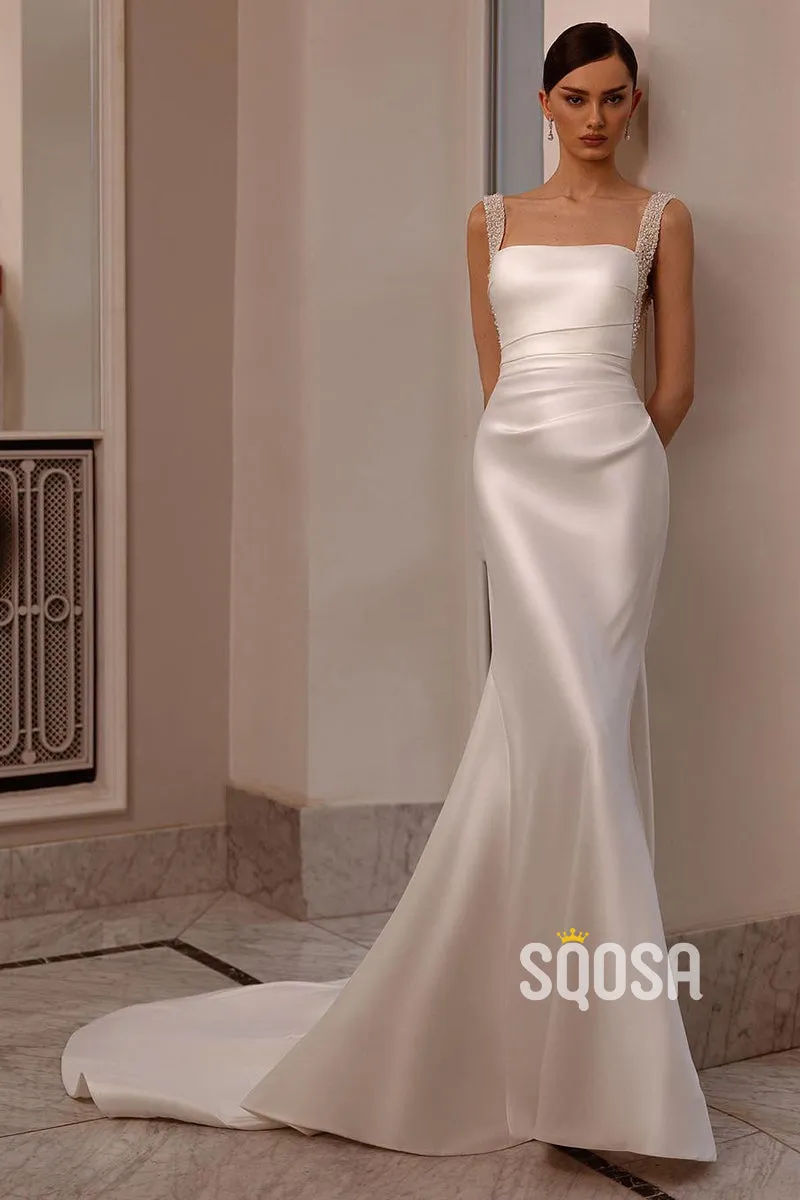 A-Line Square Pearls Satin Casual Wedding Dress Bridal Gowns With Train QW8049