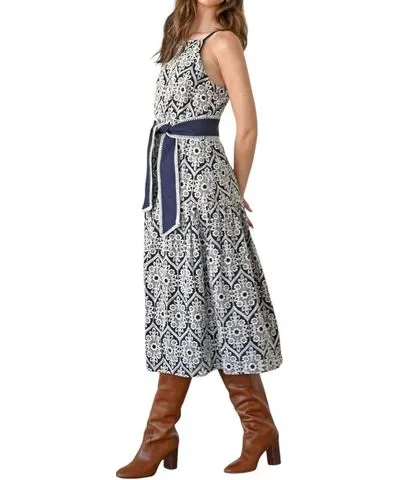 Adelyn Rae Anell Halter Embroidered Dress In Navy/cream