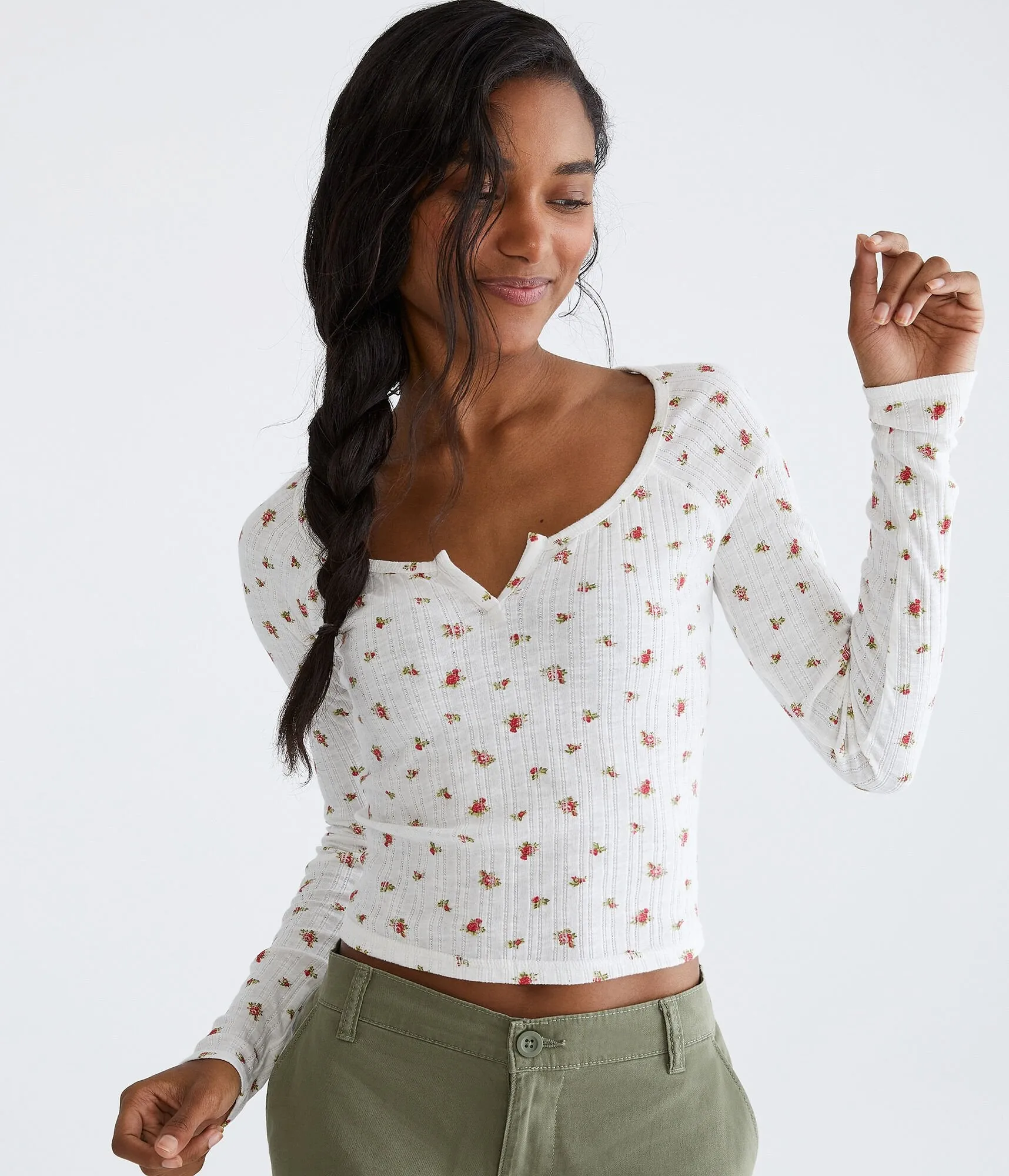 Aeropostale Womens' Long Sleeve Seriously Soft Floral Notch-Neck Shrunken Tee - White - Size M - Cotton - Teen Fashion & Clothin