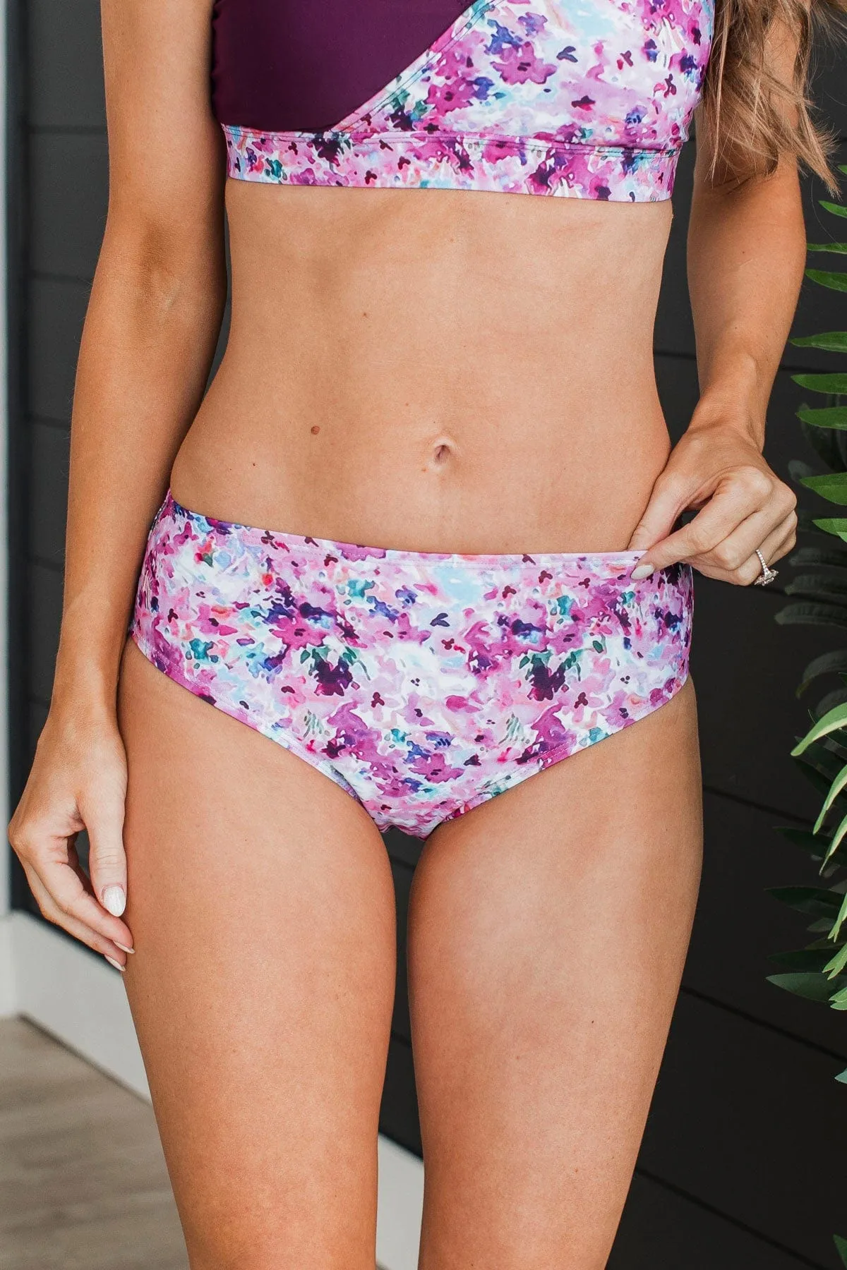 Bask In The Sun Floral Swim Bottoms- Plum