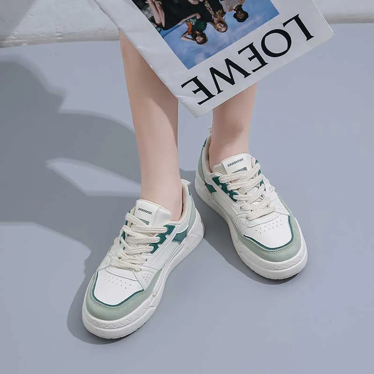 Beige green mini strap accents casual shoe sneaker