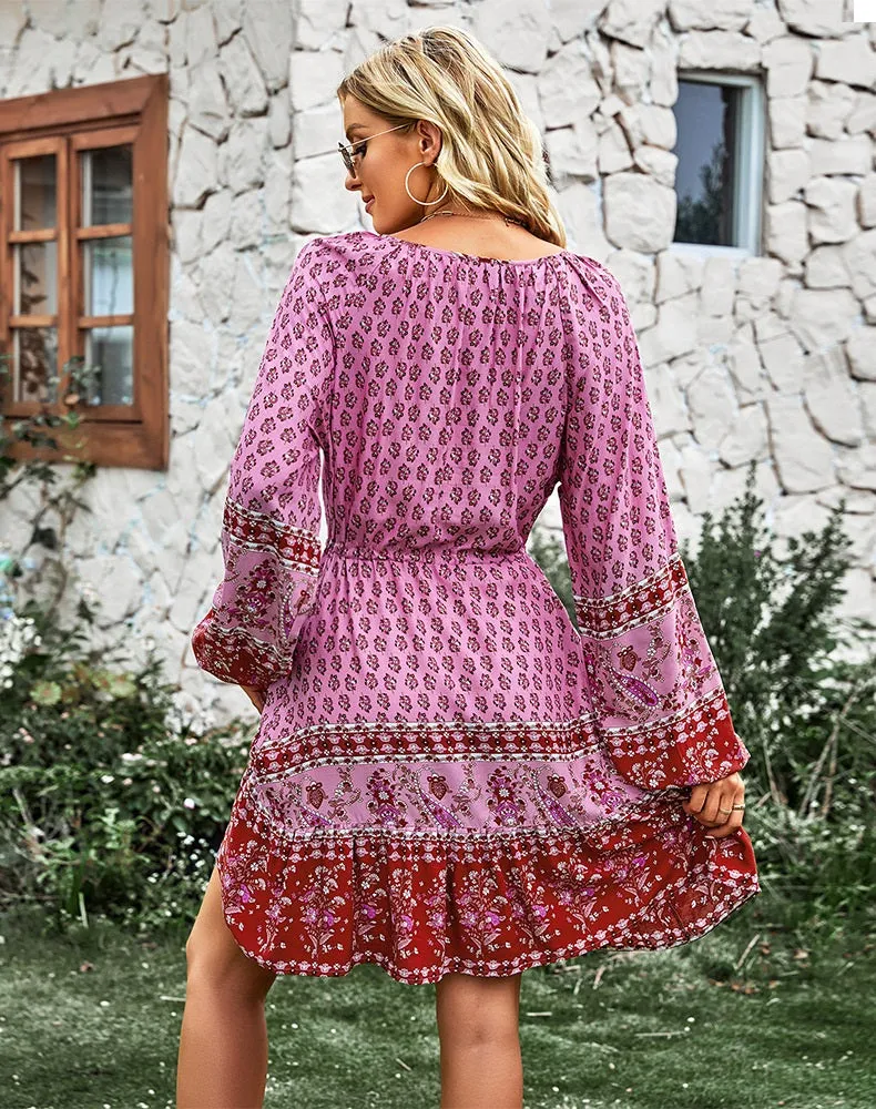 Bohemian Red Fuchsia Floral Puffed Sleeve Dress (Size S to XL)