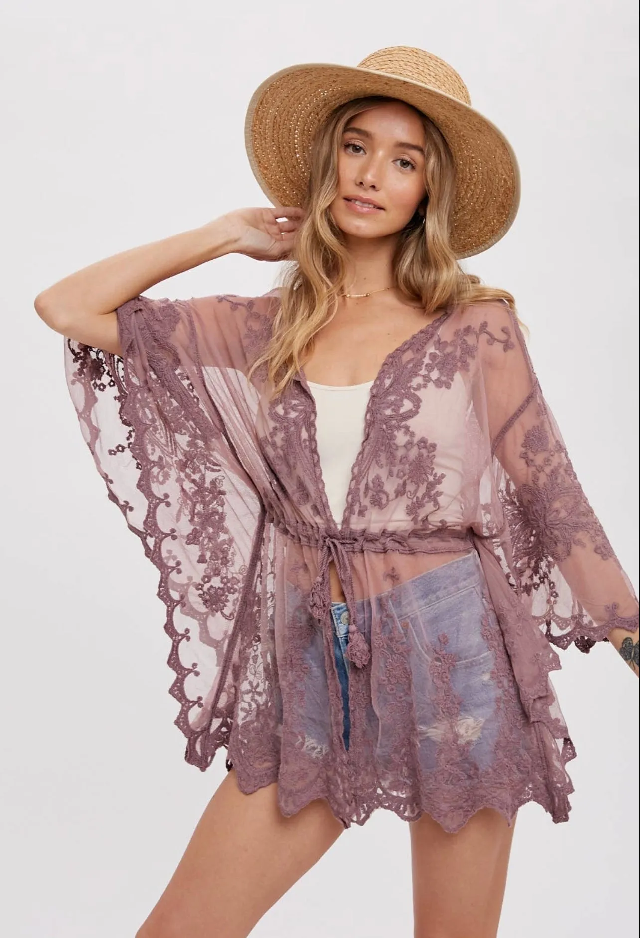 BOHO LACE KIMONO-Mauve