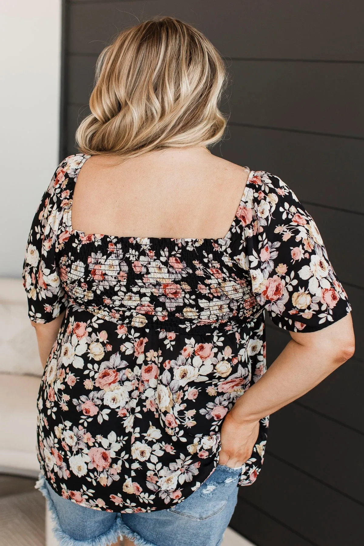 Catch A Glimpse Floral Smocked Blouse- Black