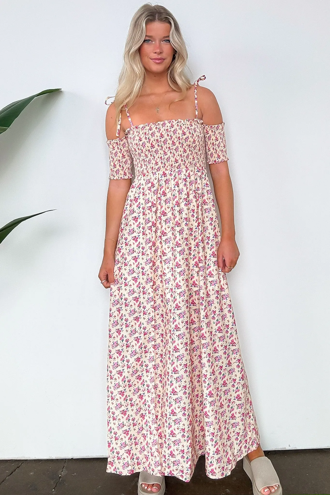 Darling Energy Off Shoulder Smocked Floral Maxi Dress