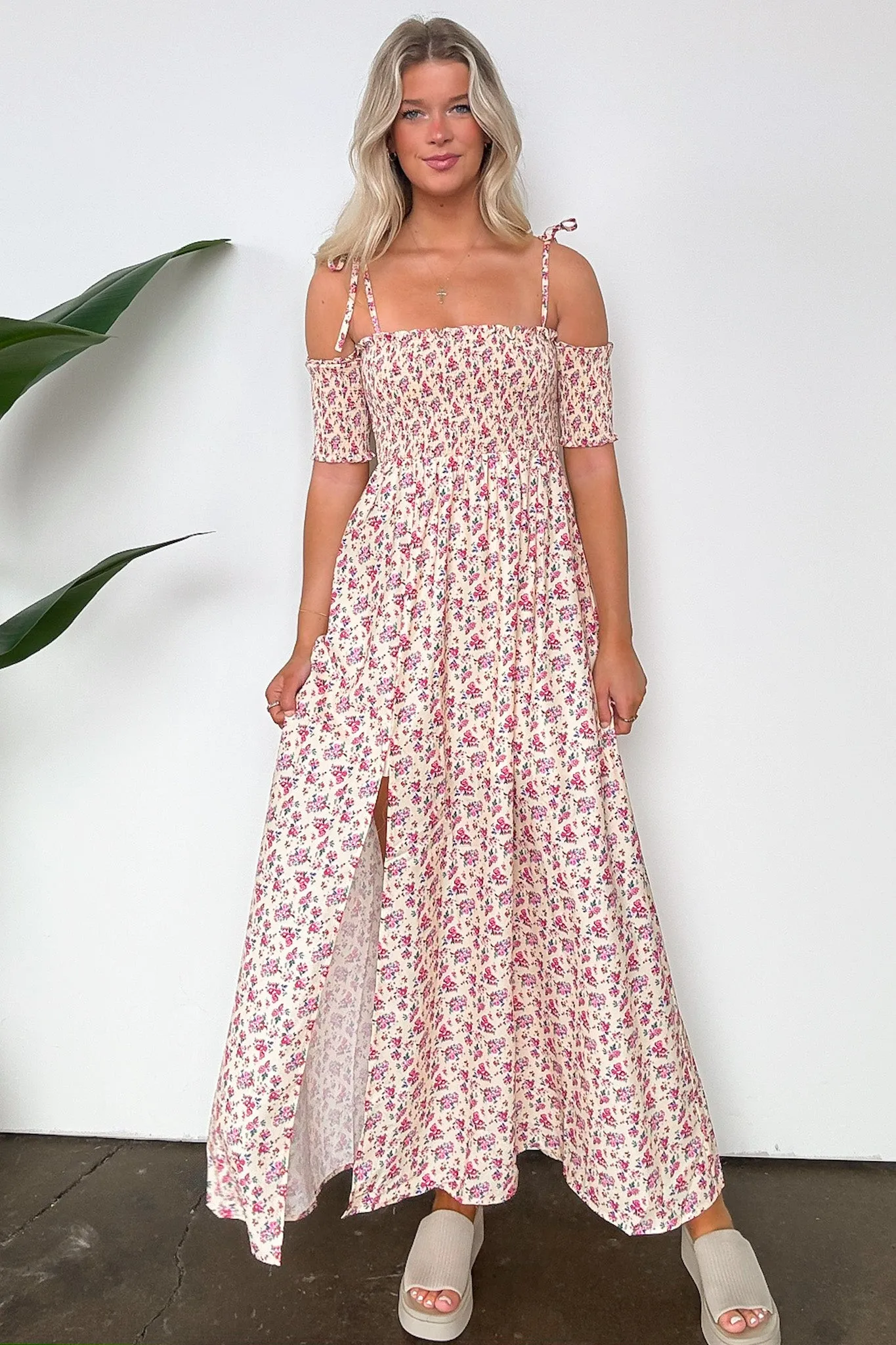 Darling Energy Off Shoulder Smocked Floral Maxi Dress