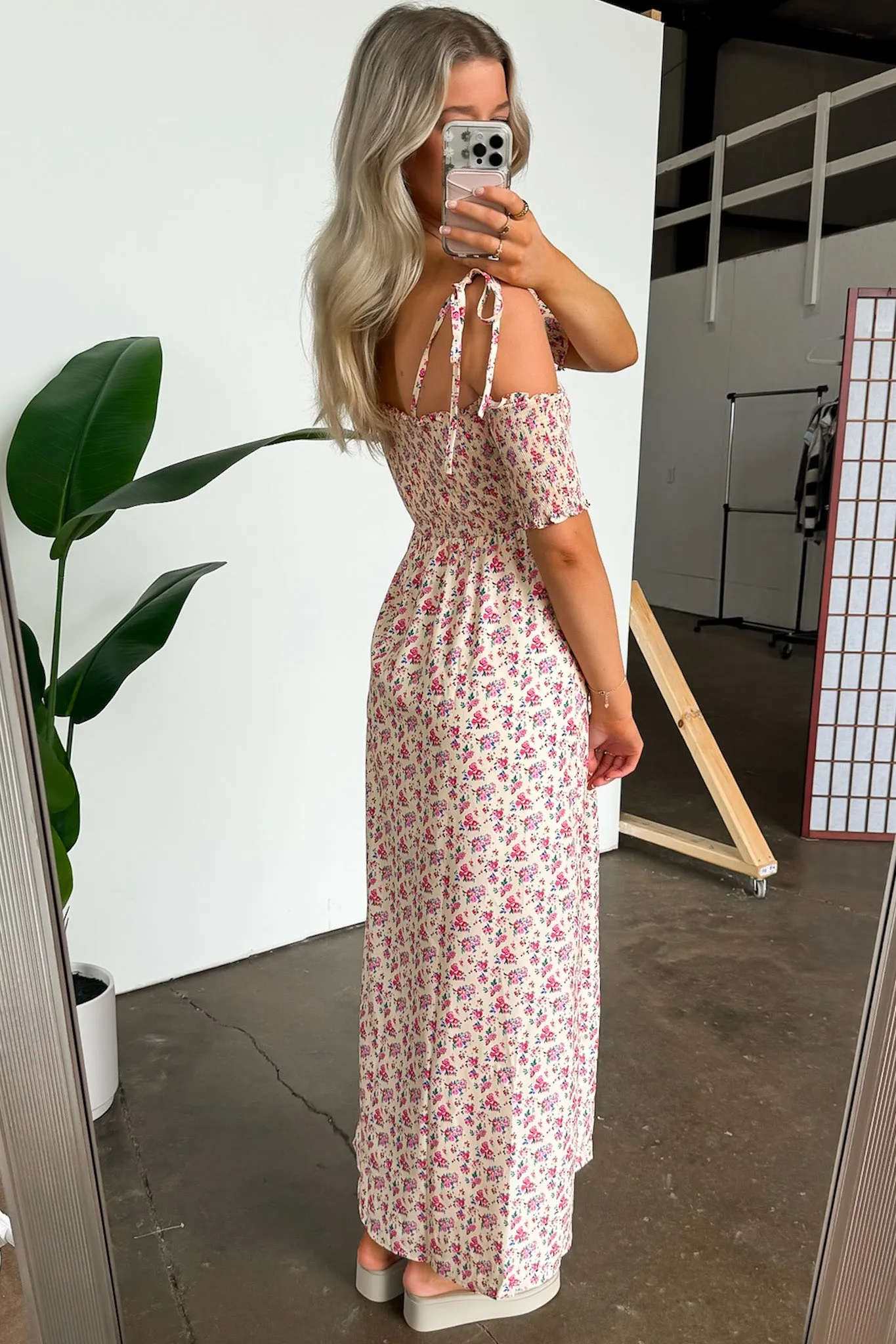 Darling Energy Off Shoulder Smocked Floral Maxi Dress