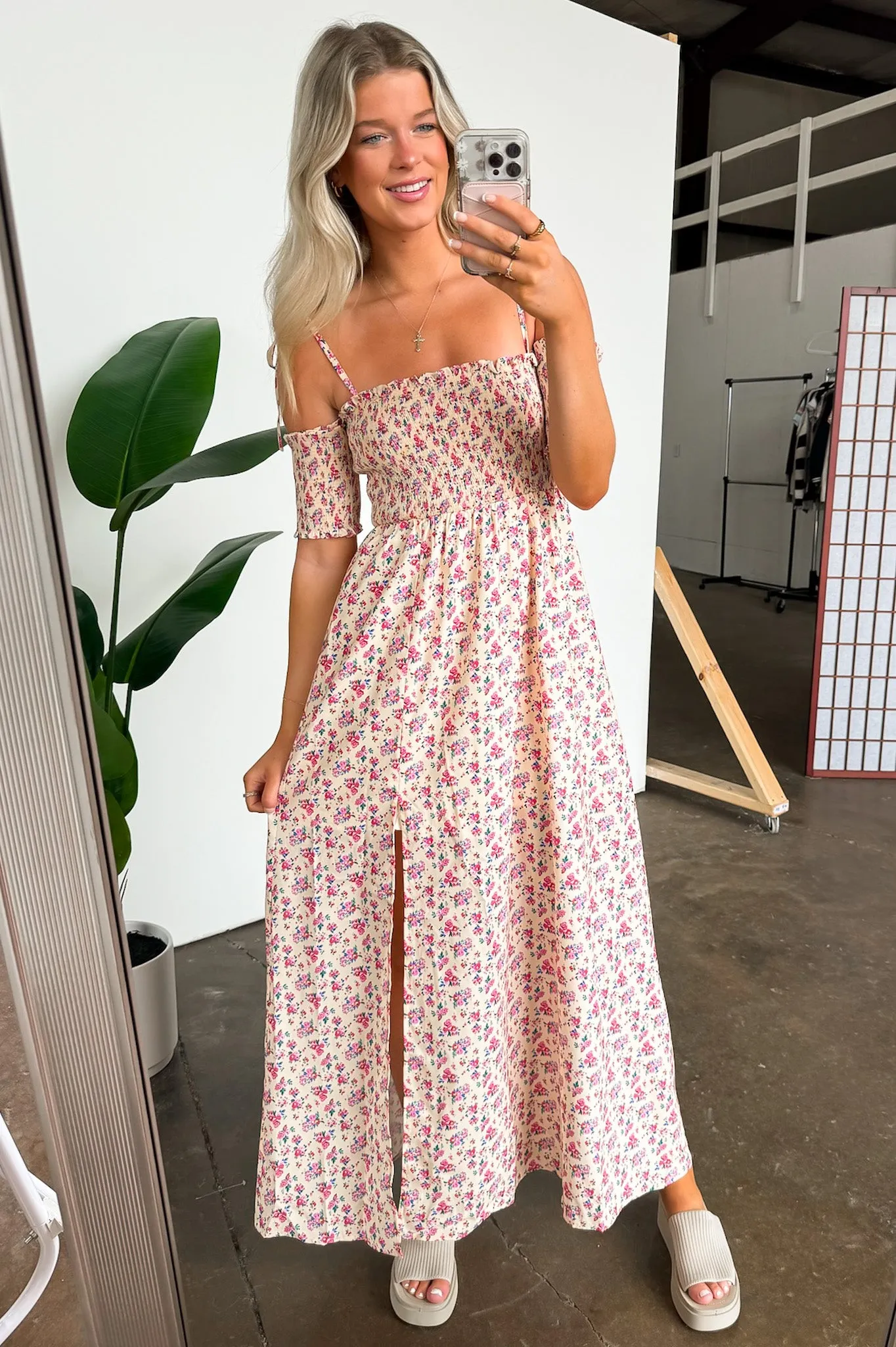 Darling Energy Off Shoulder Smocked Floral Maxi Dress