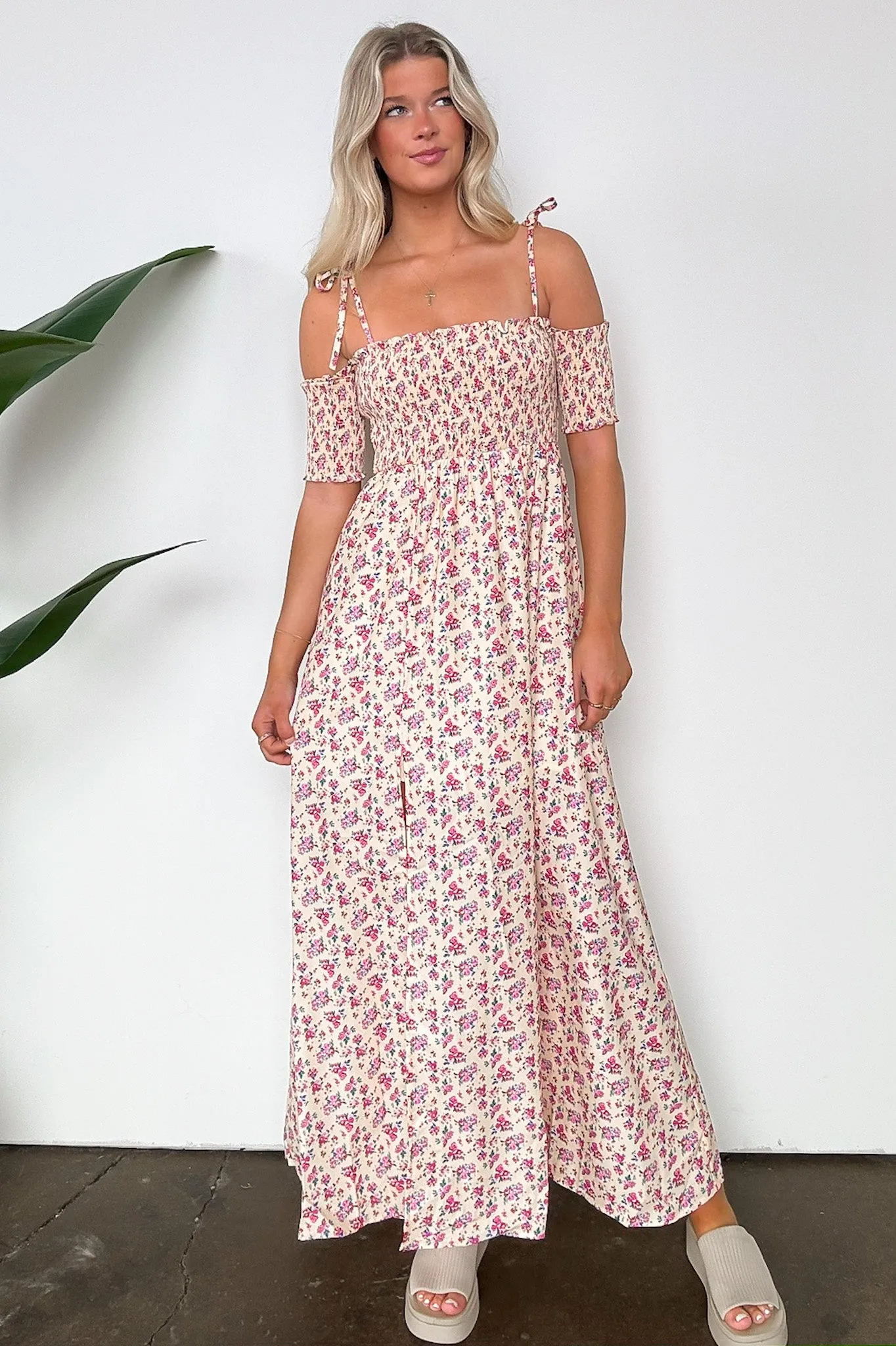 Darling Energy Off Shoulder Smocked Floral Maxi Dress