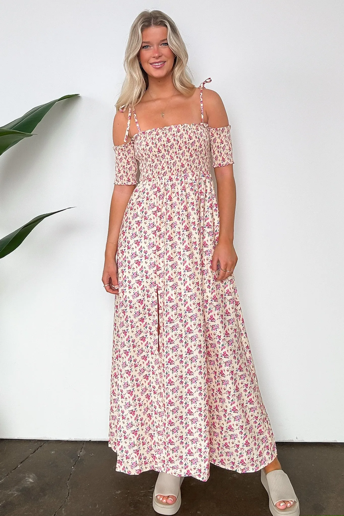 Darling Energy Off Shoulder Smocked Floral Maxi Dress