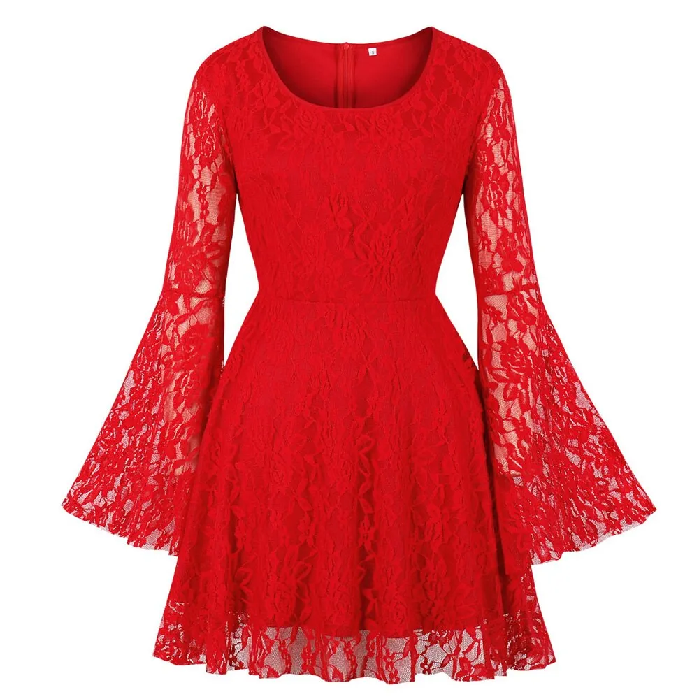 Elegant Red Lace Long Flare Sleeve Wedding Party Formal Gowns Short Black Dinner Dress