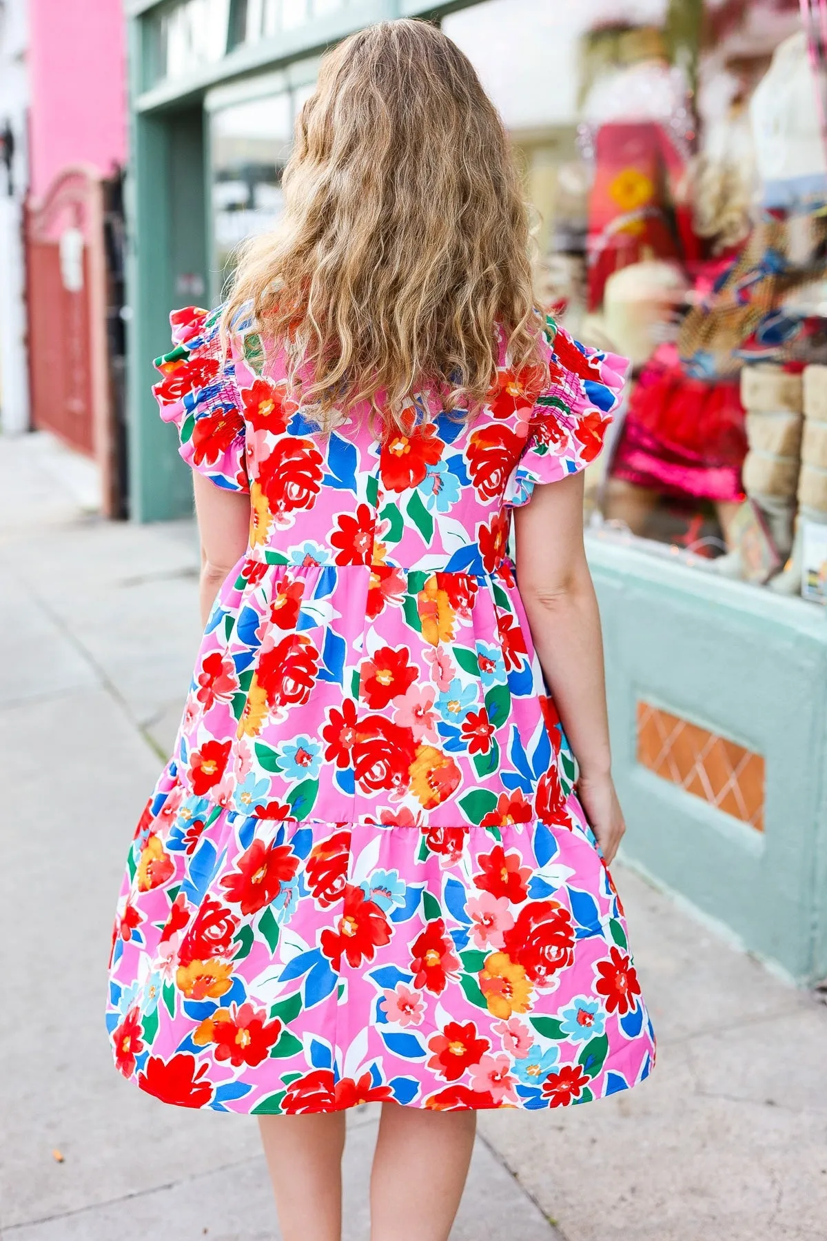 Floral Smocked Ruffle Sleeve Tiered Dress