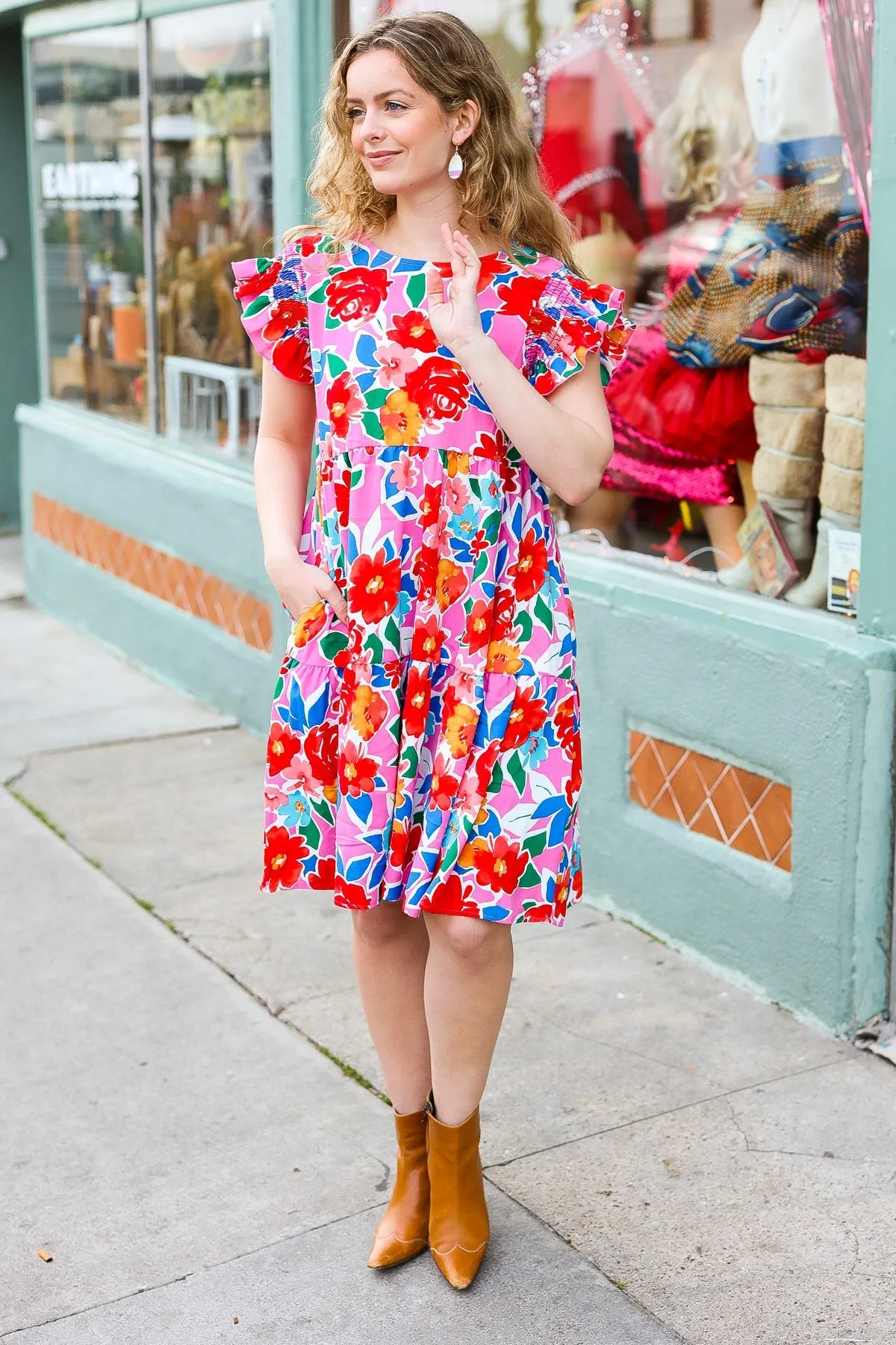 Floral Smocked Ruffle Sleeve Tiered Dress