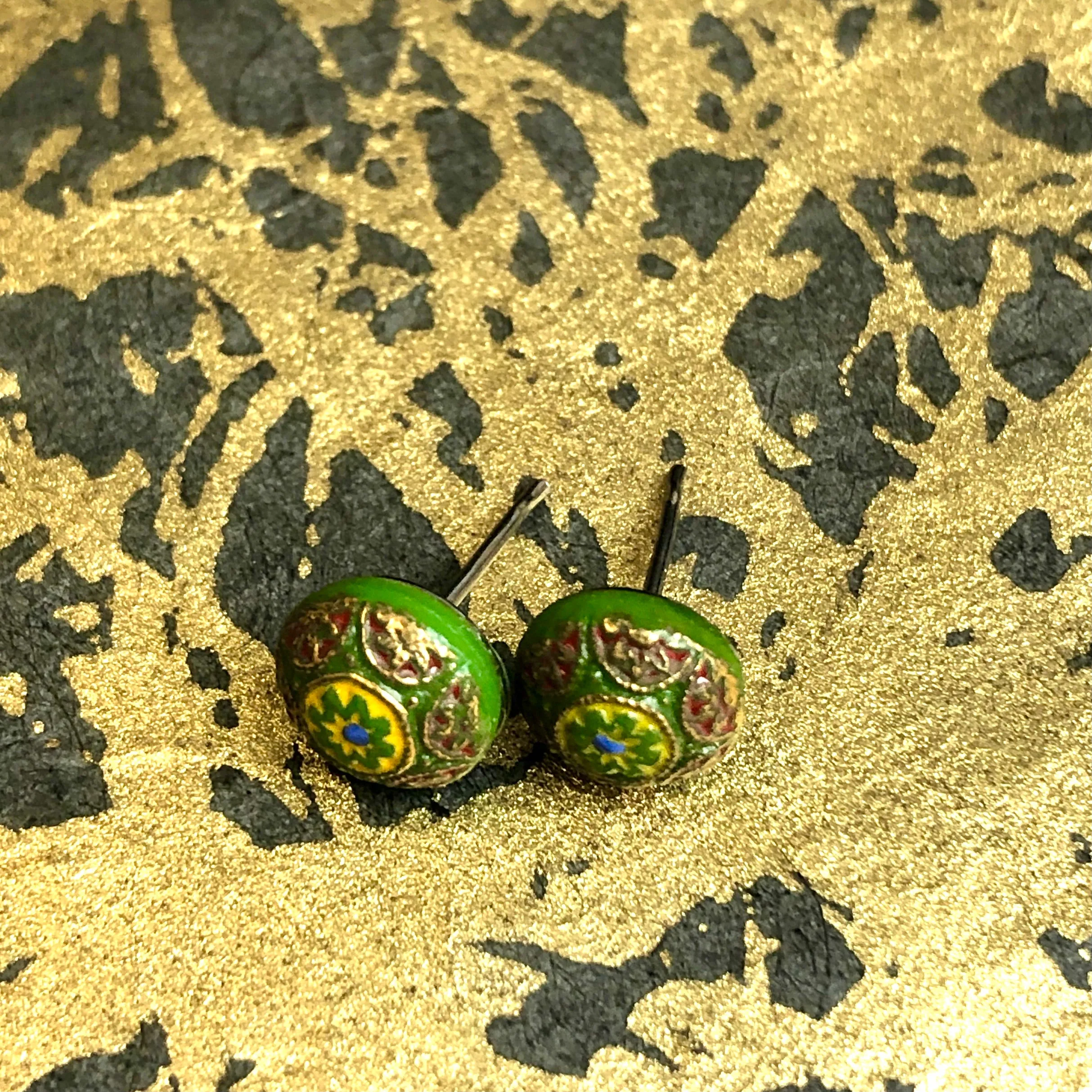 Green Boho Flower Glass Studs