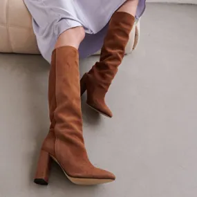 High boots with square heel in brown suede