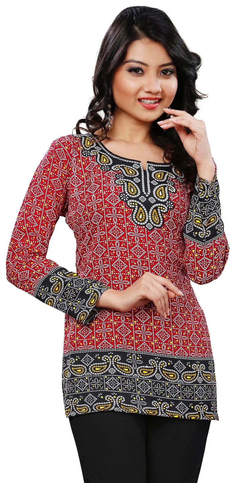 India Tunic Top Long  Kurti Womens Printed Indian Clothing (Red)