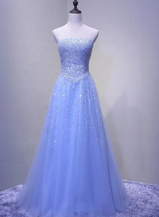 Light Blue Sparkle Long Formal Gowns, Beaded Party Dresses, Blue Tulle Gowns