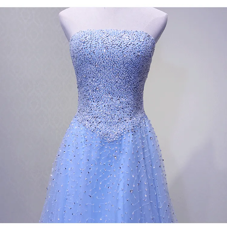 Light Blue Sparkle Long Formal Gowns, Beaded Party Dresses, Blue Tulle Gowns