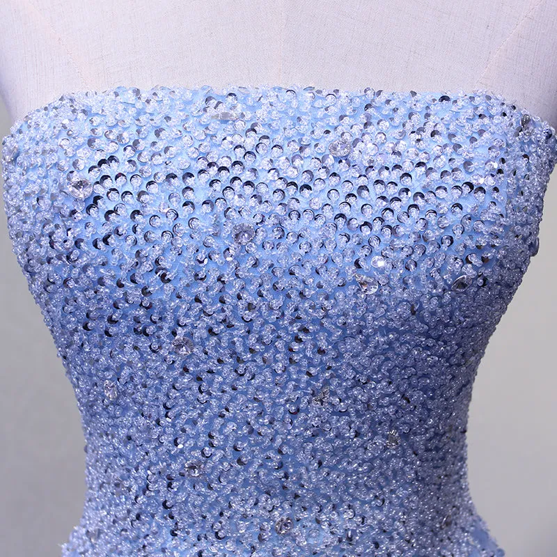 Light Blue Sparkle Long Formal Gowns, Beaded Party Dresses, Blue Tulle Gowns