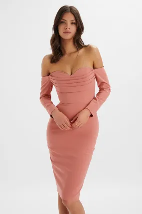 LILA Bardot Draped Bust Bodycon Midi Dress In Rose Pink