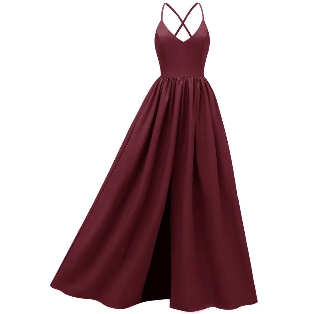 Long Formal Sleeveless Backless V Neck Slit Front Sexy Evening Gowns Runway Party Dresses