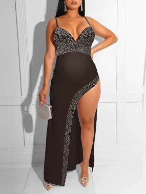 Momnfancy Rhinestone Spaghetti Straps Thigh High Side Slits Bodycon V-neck Elegant Chic Gowns Baby Shower Maternity Maxi Dress