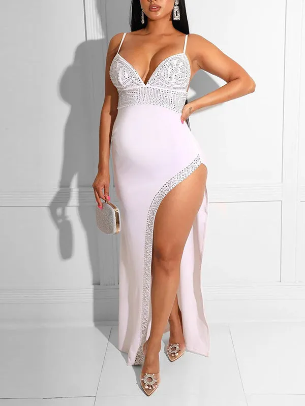 Momnfancy Rhinestone Spaghetti Straps Thigh High Side Slits Bodycon V-neck Elegant Chic Gowns Baby Shower Maternity Maxi Dress