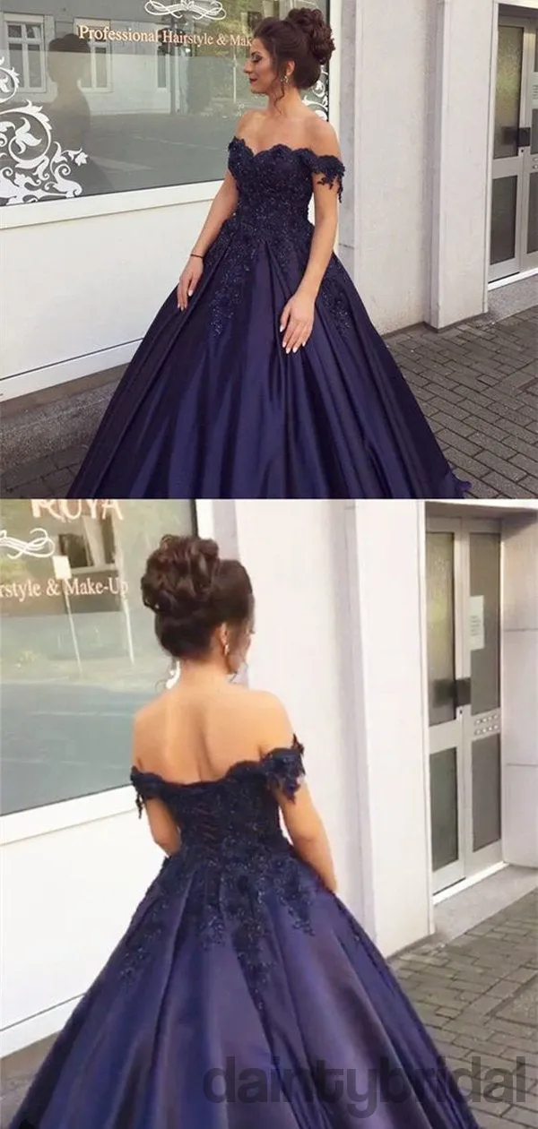 Navy Blue Ball Gowns Off Shoulder A-Line Satin Long Prom Dresses.DB10030