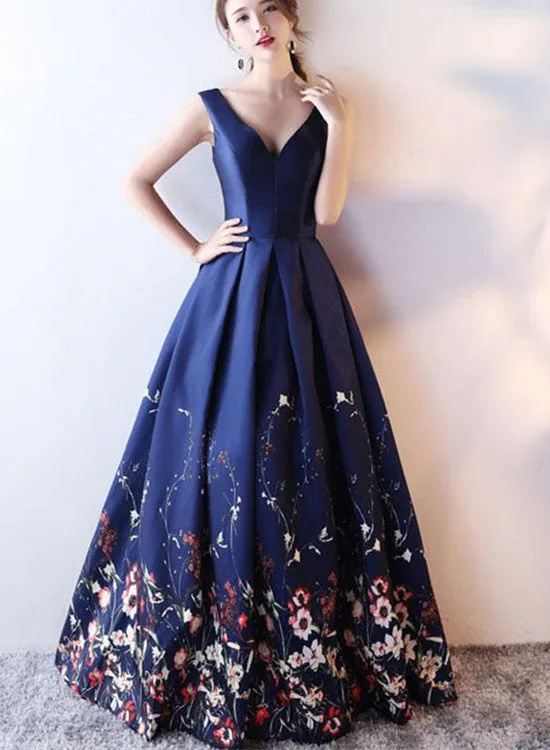 Navy Blue Satin and Floral Floor Length Party Gowns, Prom Dresses  Formal Gowns