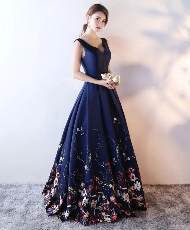 Navy Blue Satin and Floral Floor Length Party Gowns, Prom Dresses  Formal Gowns