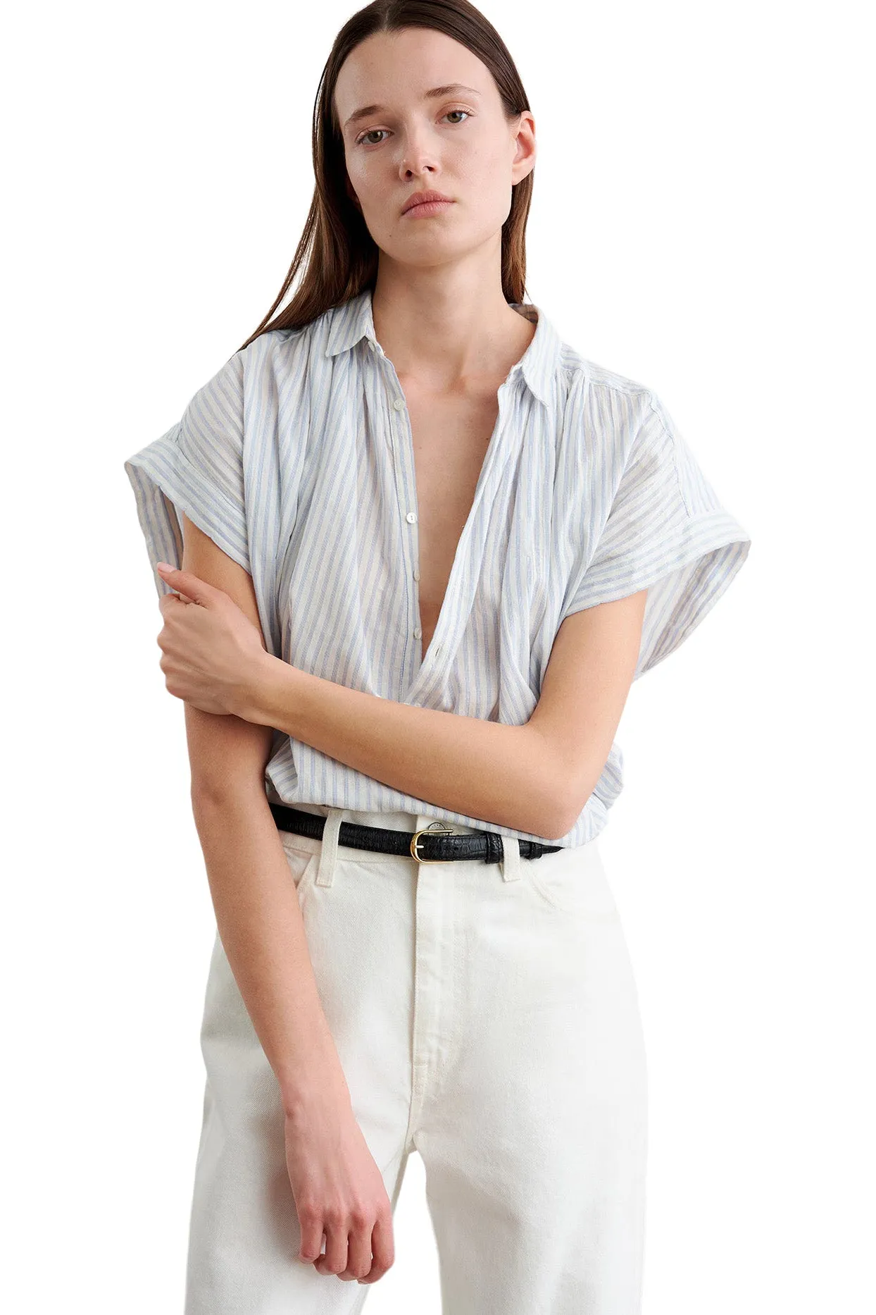 Nili Lotan Normandy Blouse in Ivory Blue Stripes