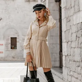 Office lady notched button pleated blazer dress women Lantern sleeves A-line belt mini dresses Female solid vestido 2021