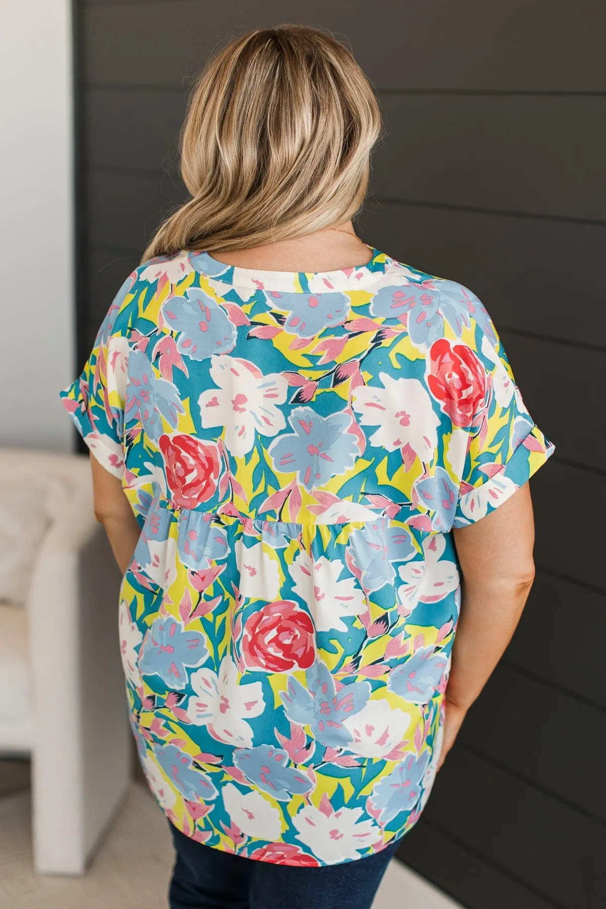 On My Own Time Floral Blouse- Neon Yellow & Blue