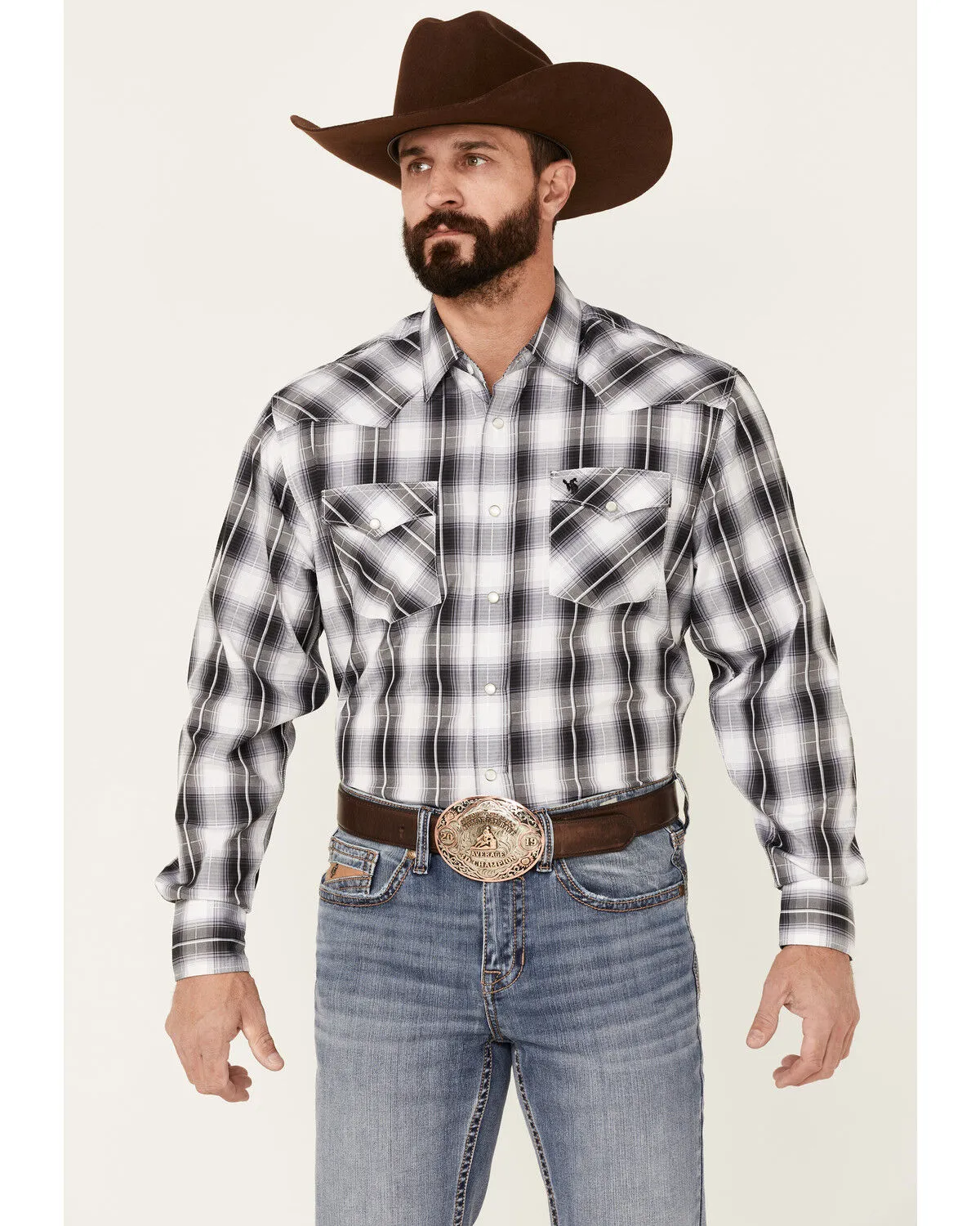 Product Name:  Rodeo Clothing Men's Back & White Large Dobby Plaid Long Sleeve Snap Western Shirt