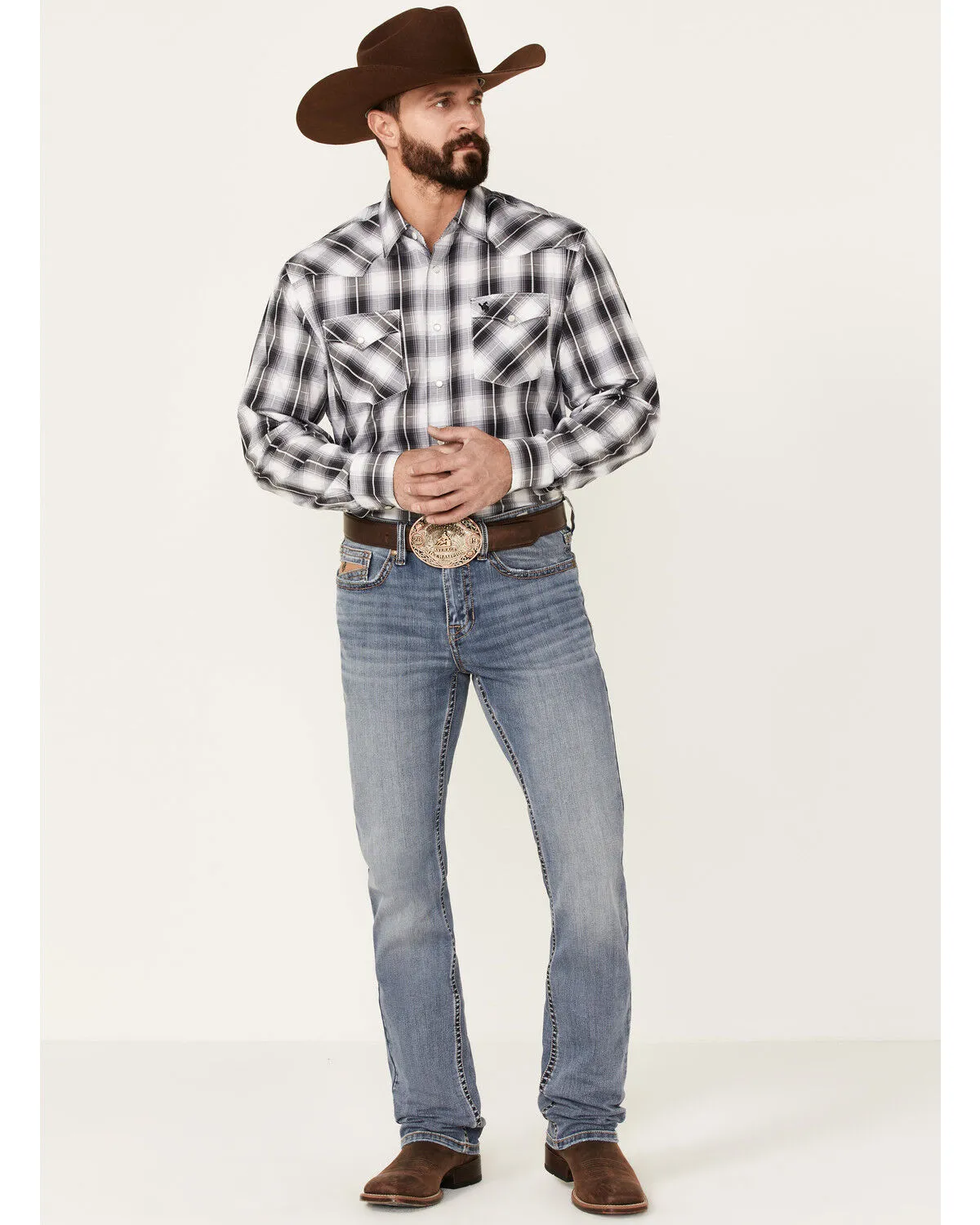 Product Name:  Rodeo Clothing Men's Back & White Large Dobby Plaid Long Sleeve Snap Western Shirt