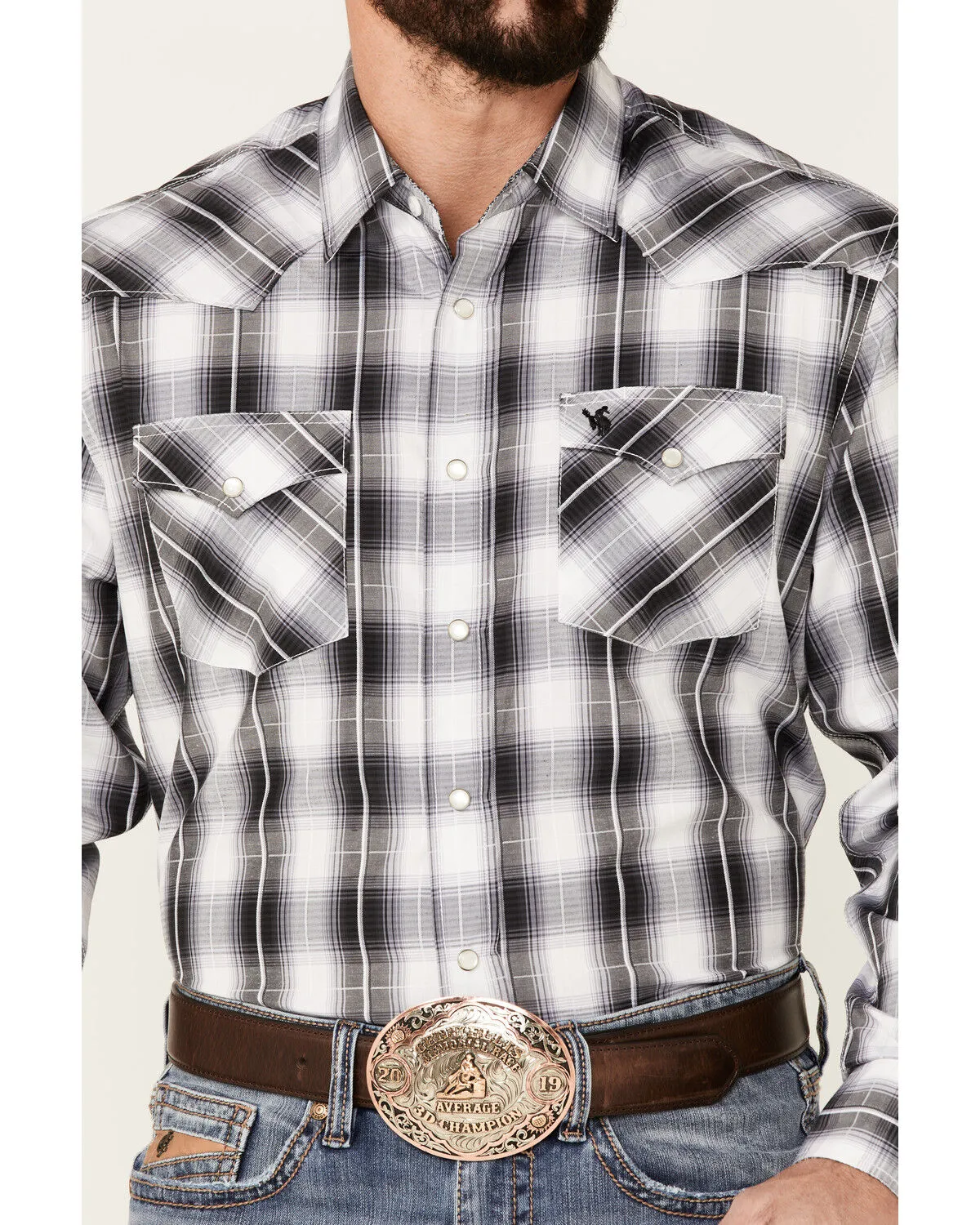 Product Name:  Rodeo Clothing Men's Back & White Large Dobby Plaid Long Sleeve Snap Western Shirt