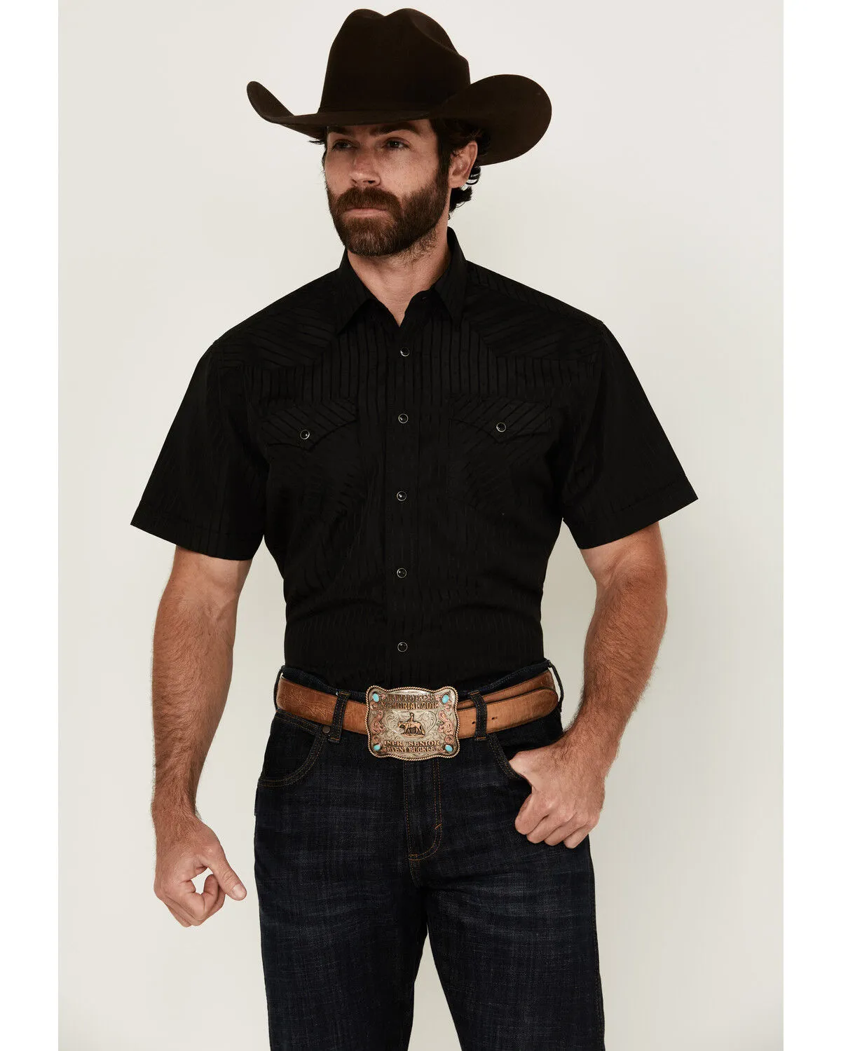 Product Name:  Rodeo Clothing Men's Tonal Satin Striped Short Sleeve Pearl Snap Western Shirt