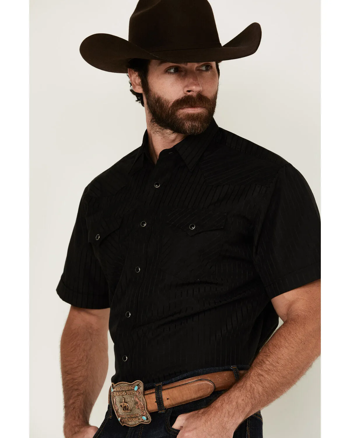 Product Name:  Rodeo Clothing Men's Tonal Satin Striped Short Sleeve Pearl Snap Western Shirt