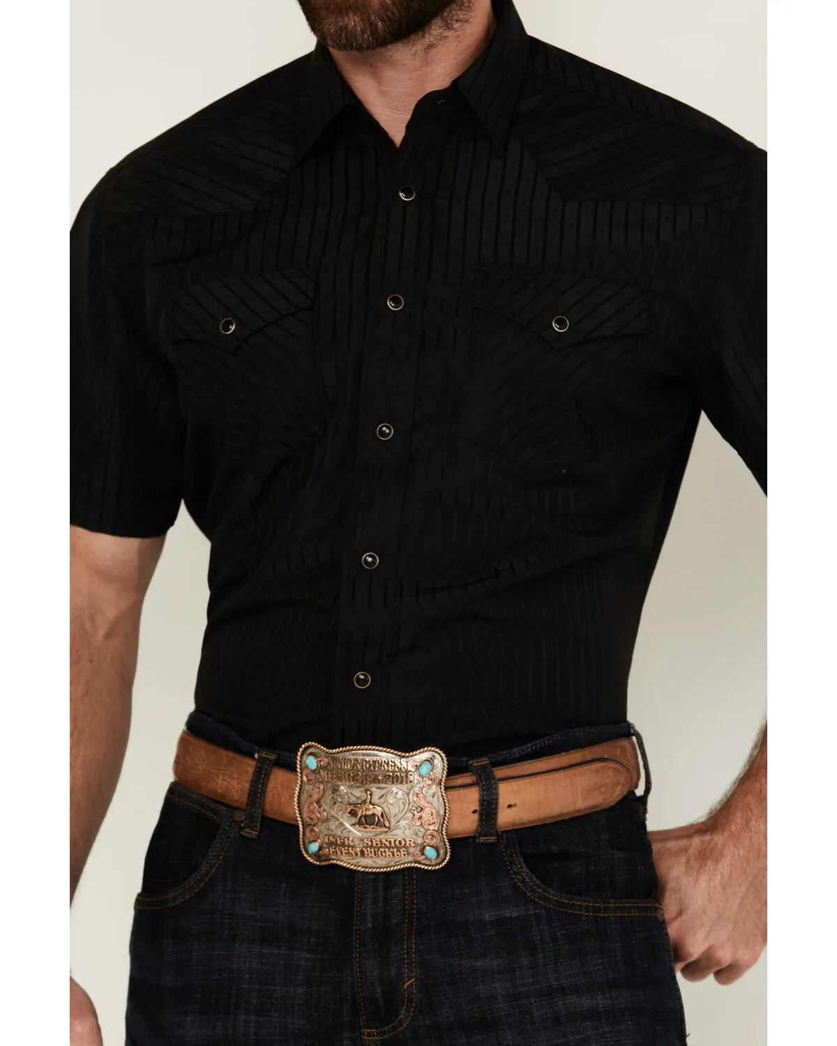 Product Name:  Rodeo Clothing Men's Tonal Satin Striped Short Sleeve Pearl Snap Western Shirt