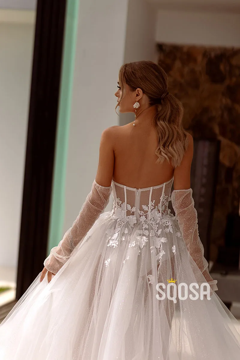 QW8016 - Glitter A-Line Applique Strapless Sheer Tulle Wedding Boho Dress Bridal Gowns