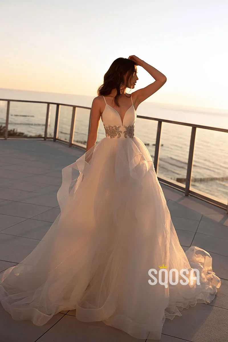 QW8026 - A-Line V-Neck Straps Beaded Tulle Wedding Boho Dress Simple Bridal Gowns