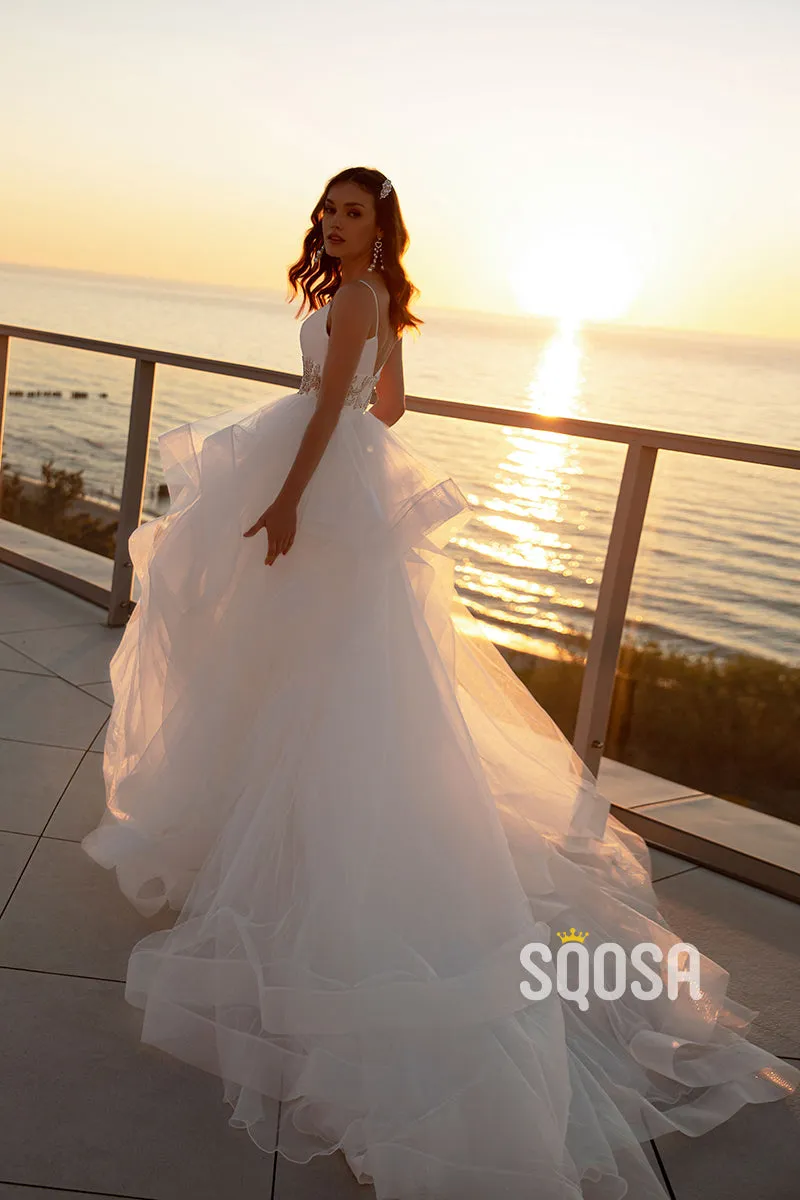 QW8026 - A-Line V-Neck Straps Beaded Tulle Wedding Boho Dress Simple Bridal Gowns