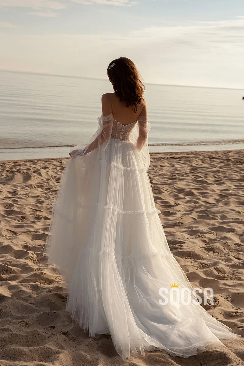 QW8028 - A-Line Tulle Beaded Off-Shoulder Sheer Wedding Boho Dress Simple Bridal Gowns