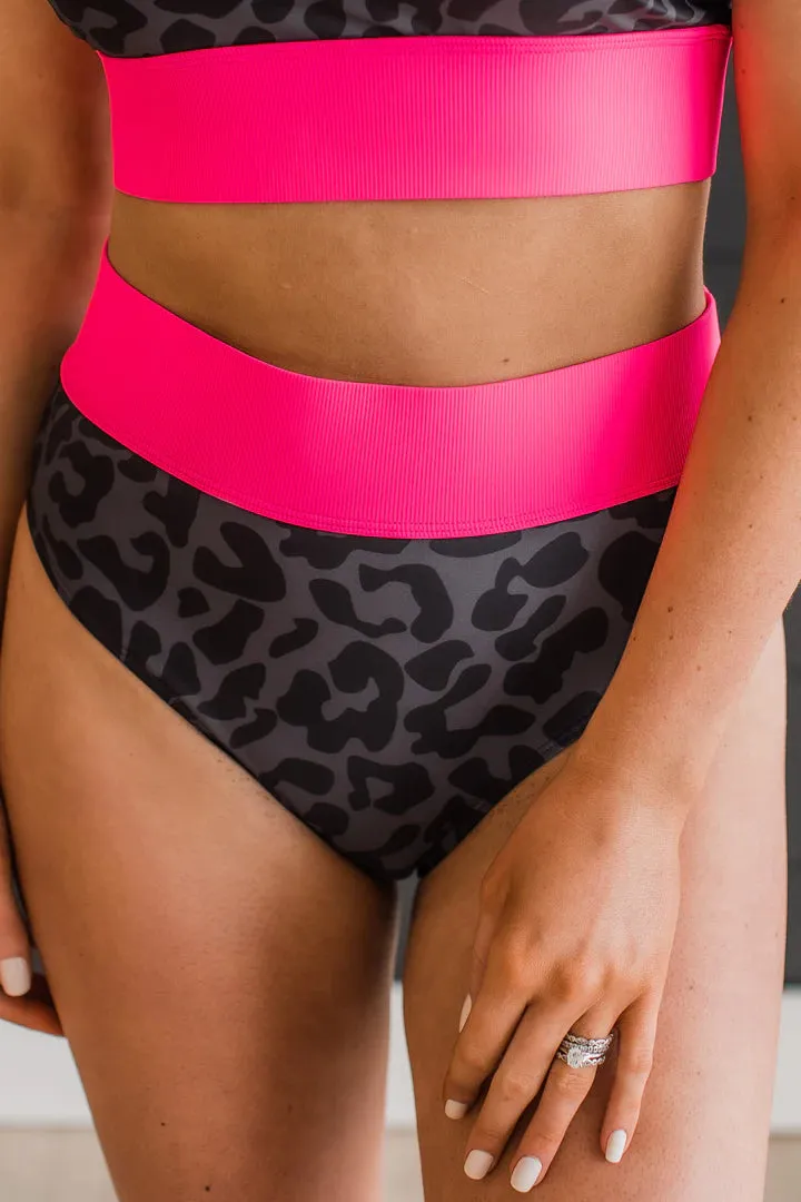 Ray Of Sunshine Swim Bottoms - Charcoal Leopard & Neon Pink