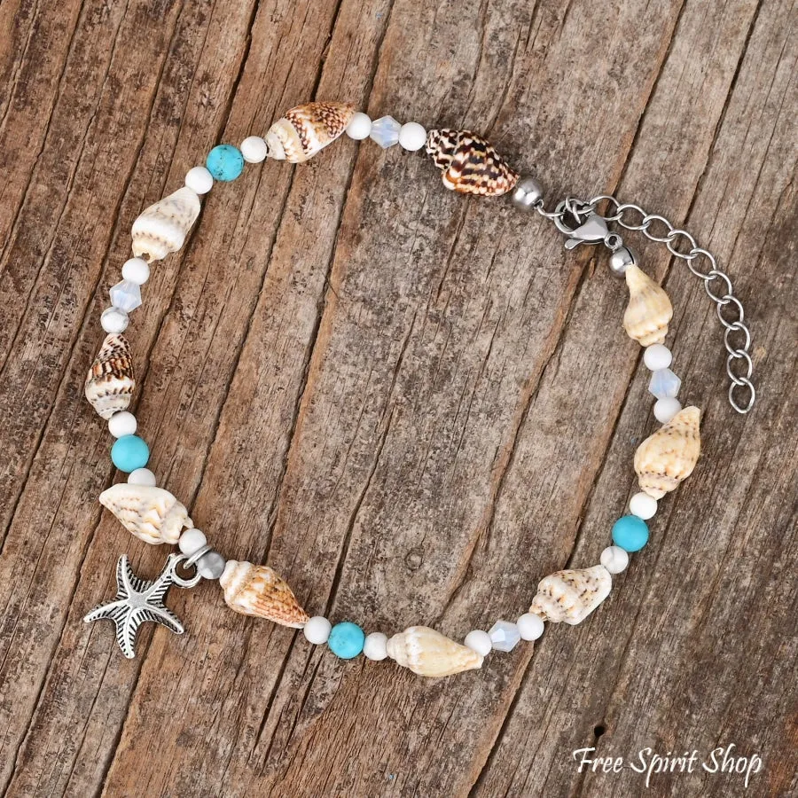 Seashell & Starfish Charm Beaded Anklet