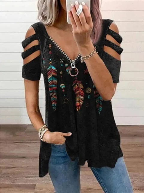 Stylish Women's V-Neck Blouse with Hollow-out Shoulders and Feather Print