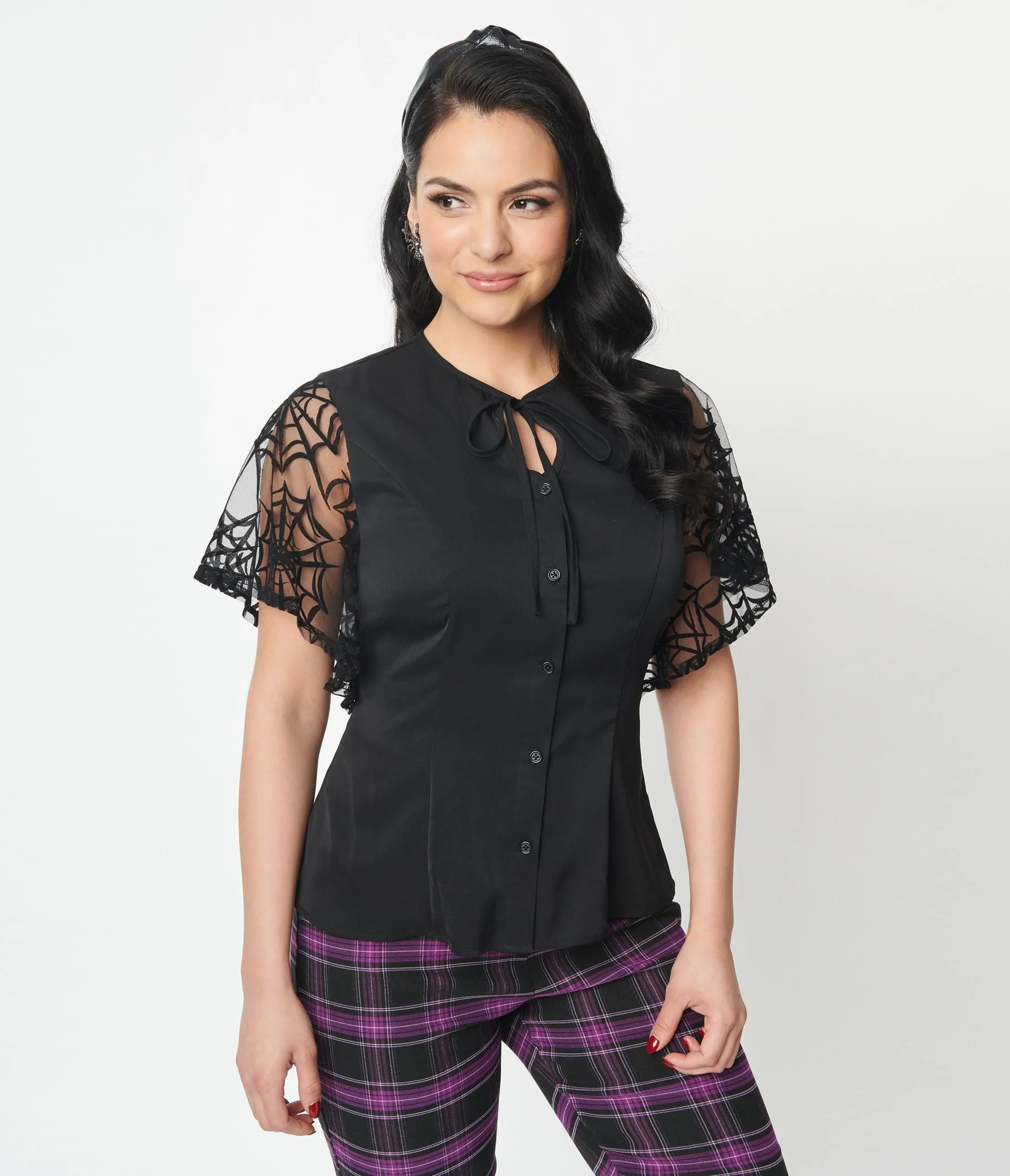 Unique Vintage1940s Black Flocked Spiderweb Mesh Cecilia Blouse