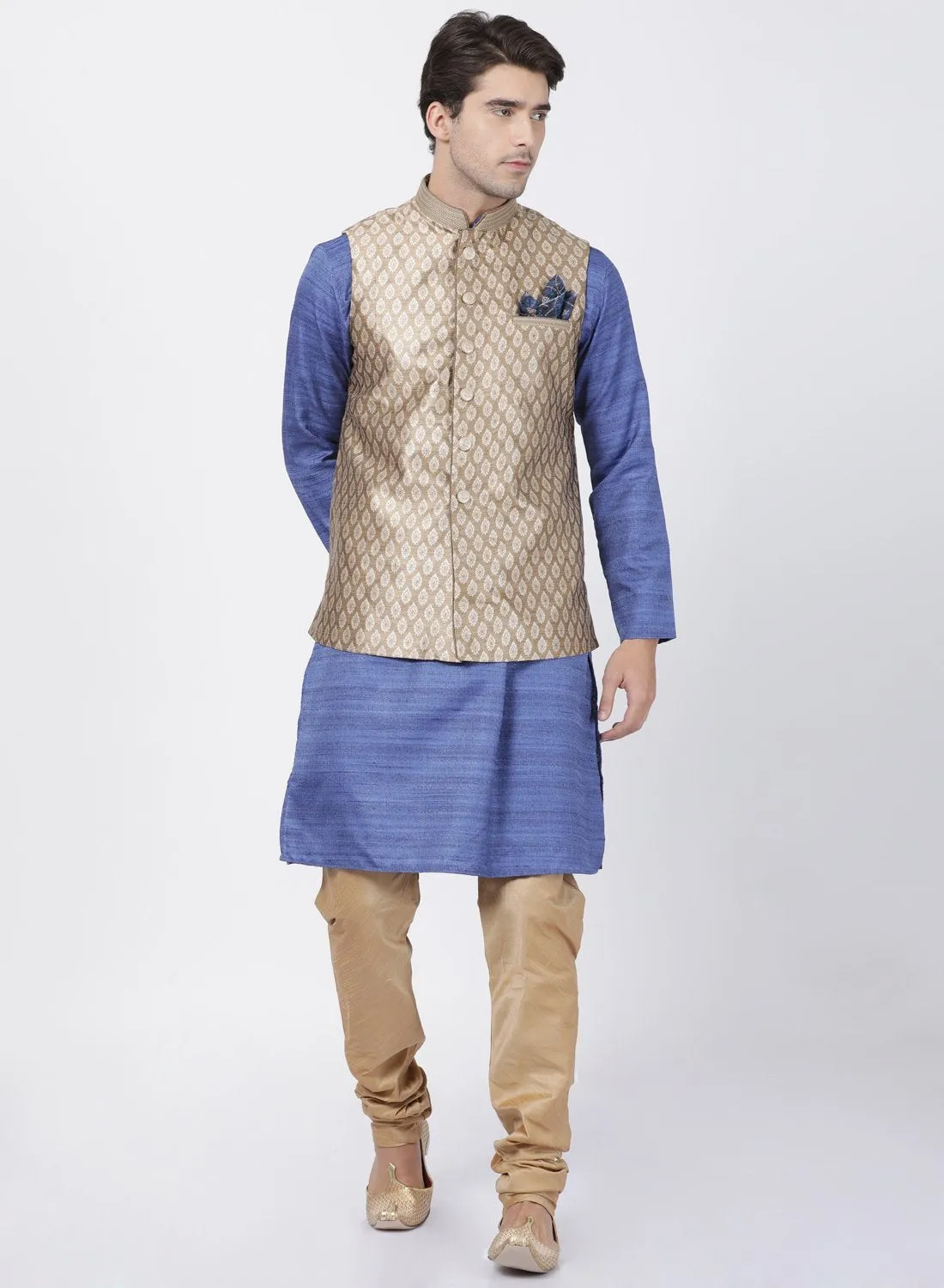 VASTRAMAY Men's Blue Cotton Silk Blend Kurta, Ethnic Jacket and Pyjama Set