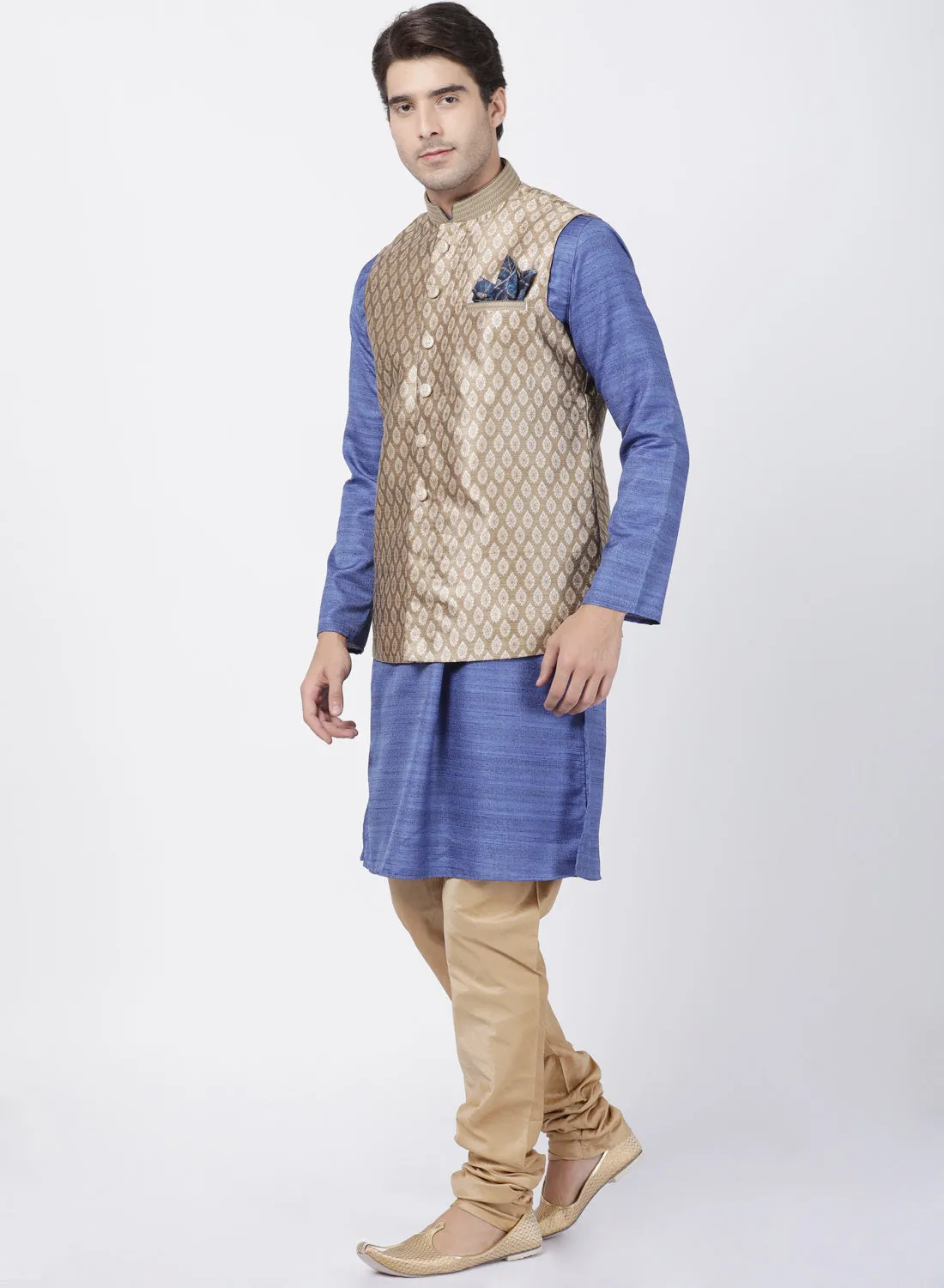 VASTRAMAY Men's Blue Cotton Silk Blend Kurta, Ethnic Jacket and Pyjama Set