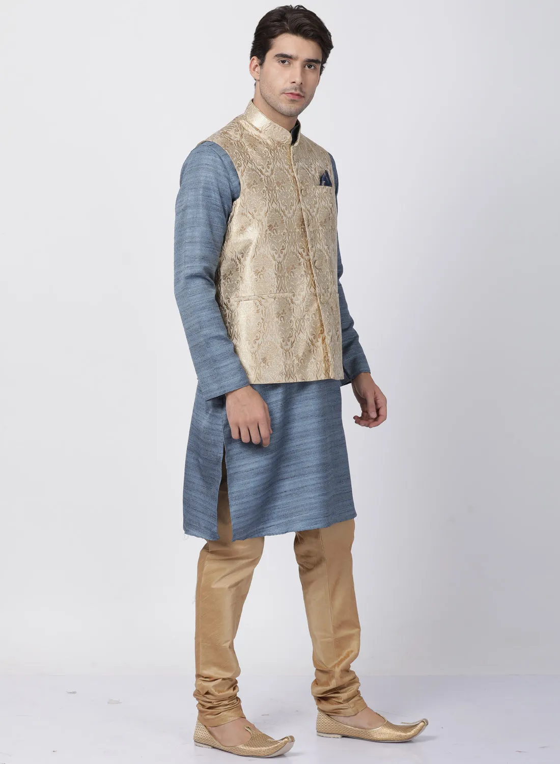 VASTRAMAY Men's Grey Cotton Silk Blend Kurta, Ethnic Jacket and Pyjama Set